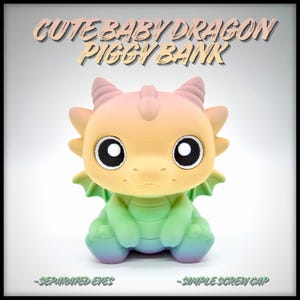 May include: A pastel-colored baby dragon piggy bank with large, separated eyes and a simple screw cap. The dragon features a gradient of colors, including pink, yellow, green, and blue. Text on the image reads "Cute Baby Dragon Piggy Bank."