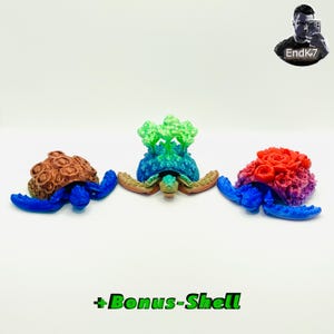 May include: Three decorative turtle figurines with blue flippers. One has a brown shell, another a green and blue shell, and the third a red and purple shell. The figurines are on a white background.