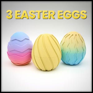May include: Three colorful Easter eggs with unique designs. One egg is a gradient of pink, purple, and blue. Another is yellow with spiral grooves, and the third is yellow and blue with a zig-zag pattern. The text "3 EASTER EGGS" is above the eggs.
