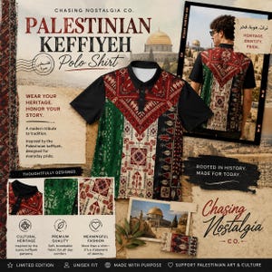 May include: A short-sleeved polo shirt featuring a black collar and sleeves with a central panel displaying a red, green, white, and black Palestinian keffiyeh pattern. The shirt includes a three-button placket and a detailed geometric print.