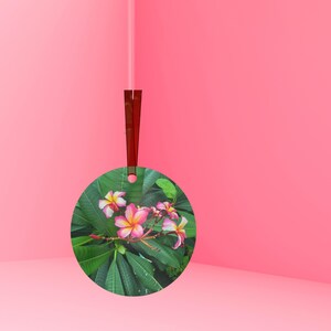 Pink Tropical Flower Ornament, Floral Metal Ornament, Nature-Inspired Gift, Holiday Tree Decoration. Original Photography Ornament.