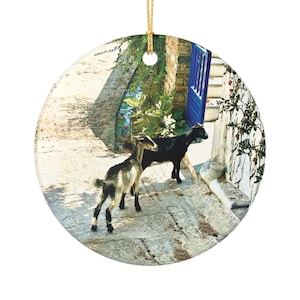 Greek Island Village Goats Round Ceramic Ornament featuring Original Photography