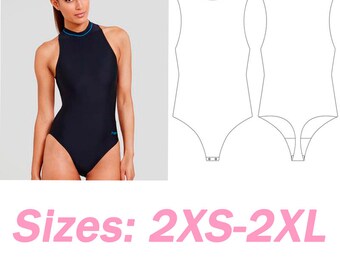 Patrón de traje de baño Patrón de costura de traje de baño de una pieza Tallas 2 XS - 2 XL Patrón de costura digital en PDF Mono sin mangas Patrón de traje de baño digital