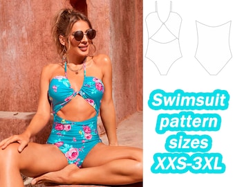 May include: A turquoise swimsuit with a floral print and a cut-out design. The swimsuit has a halter top and a high-cut leg. The pattern includes sizes XXS-3XL.