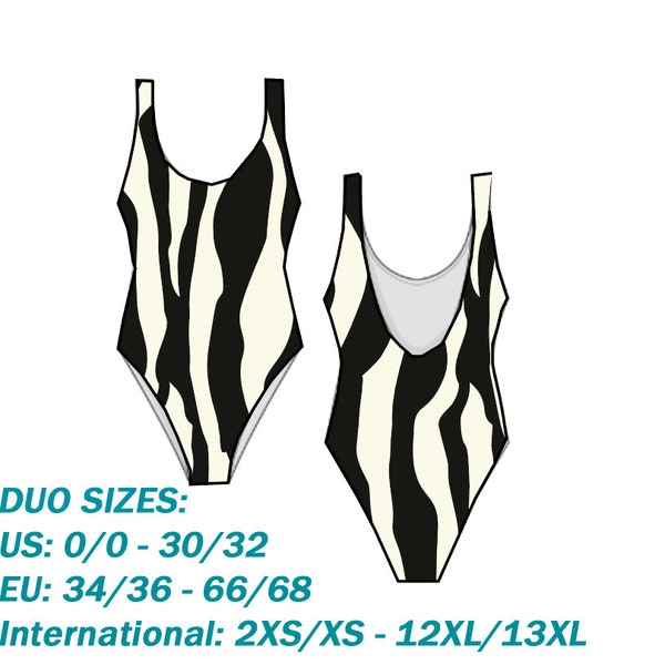 Swimwear Pattern Plus Size One Piece Swimsuit Sewing Pattern Duo Sizes  00 / 0 to 30 / 32 ( 2 XS -  13 XL ) Digital PDF Sewing Pattern