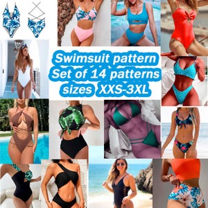 Op de afbeelding: Een collage van 14 verschillende badpakpatronen. De patronen omvatten bloemen, stippen, effen kleuren en abstracte ontwerpen. De tekst "Swimsuit pattern Set of 14 patterns sizes XXS-3XL" wordt in het midden van de afbeelding weergegeven.