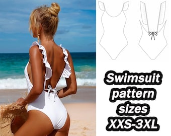 May include: White swimsuit pattern with ruffled straps and a low back. The pattern is available in sizes XXS-3XL.