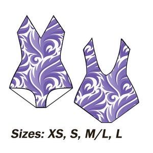 Op de afbeelding: Twee paarse en witte geprinte maillotjes met een V-hals. Maten: XS, S, M/L, L.