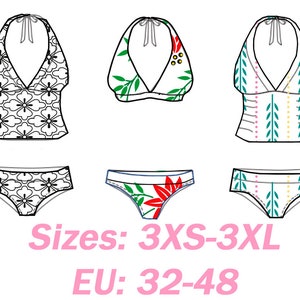 Swimwear Pattern Two Piece Swimsuit Sewing Pattern Tankini Bikini Sizes 3 XS - 3 XL  Digital PDF Sewing Pattern Three Types Of Swimsuits