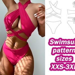 Puede incluir: Un patrón de traje de baño rosa con un diseño cruzado. El patrón incluye las tallas XXS-3XL.