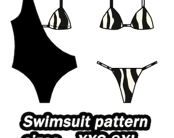 May include: Black swimsuit pattern with a zebra print top and bottom. The pattern is available in sizes XXS-3XL.
