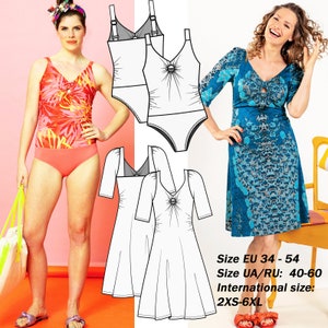Swimwear Pattern Plus Size One Piece Swimsuit Sewing Pattern Sizes 2 XS -  6 XL Digital PDF Sewing Pattern Dress Sewing Pattern