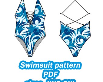 May include: A blue and white swimsuit pattern with a criss-cross back and a lace-up front. The pattern is available in sizes XXS-3XL and is a PDF download.  Swimsuit pattern PDF sizes XXS-3XL