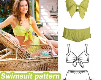 Retro Style Swimsuit Pattern Swimwear Pattern Two Piece Swimsuit Sewing Pattern Sizes 2XS - L  Digital PDF Sewing Pattern