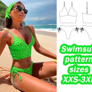 May include: A green swimsuit pattern with a floral design. The pattern includes sizes from XXS to 3XL.