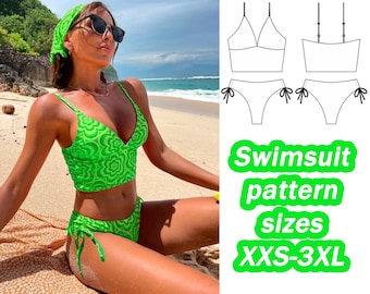 Patrón de traje de baño Patrón de costura de traje de baño de dos piezas Tallas XXS - 3XL Patrón de costura digital en PDF Traje de baño Parte superior de bikini Patrón de bikini Patrón de bricolaje