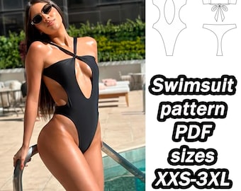 May include: A black swimsuit pattern PDF for sizes XXS-3XL. The pattern includes a one-piece swimsuit with a cutout design and a separate top.