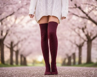Wool socks Over the knee socks  Woolen socks Long knitted socks Long socks Knee high socks Burgundy Thigh high socks Over Knee Stockings