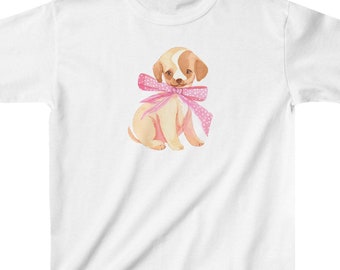 Puppy with pink bow, baby tee, coquette clothing, preppy baby tee, 90's style, y2k, pink ribbon, bestie gifts, gifts for her, summer vibes