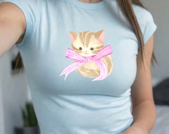 Camiseta de bebê com gatinho e laço rosa - estilo anos 90 Y2K