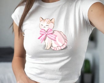 Camiseta de bebê com gatinho e laço rosa - estilo coquete dos anos 90