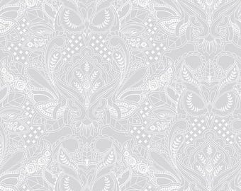 May include: White and gray paisley pattern fabric with a repeating design. The fabric has a subtle sheen and a soft texture.