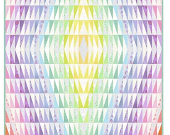 May include: A colorful quilt with a geometric design. The quilt features a repeating pattern of triangles in shades of pink, purple, green, and yellow. The text "Tripping Out Quilt" is displayed at the bottom of the image.