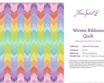 May include: A colorful quilt with a chevron pattern in shades of pink, purple, orange, yellow, green, and blue. The quilt is 80 x 93 inches (203.2cm x 237.49cm) and features the text "Woven Ribbons Quilt".
