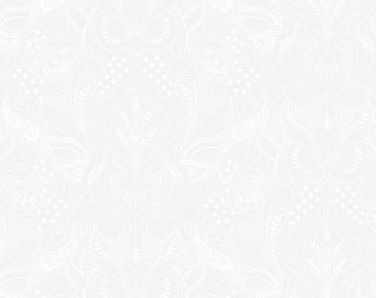 May include: White fabric with a delicate, intricate pattern of white floral designs on a white background.