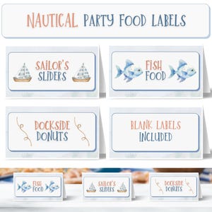 Etiquetas de comida para festa náutica | Imprimível | Nomes divertidos de comida para festa | Decoração de aniversário infantil com vela náutica | Download instantâneo | Mesa de comida para festa