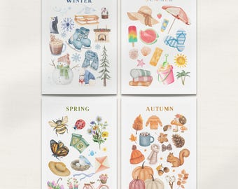 Seasons Learning Posters, Educational Wall Art Bundle, Spring, Summer, Autumn, Winter Printable