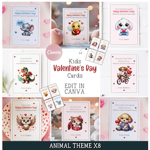 Valentinstag Kinderkarten, Tier Thema, in Canva bearbeitet, Valentinstagskarten, lustige druckbare Freundeskarten, Sofort Download