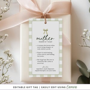Etiqueta de regalo editable, etiqueta de regalo para el Día de la Madre, etiqueta personalizada con la definición de "Madre", etiquetas de regalo imprimibles, regalo para el Día de la Madre, etiqueta de regalo de cumpleaños imprimible