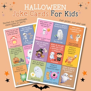 Cartes de vœux pour enfants Halloween | Blagues d'Halloween à imprimer | Notes de boîte à lunch, Amusement pour la classe et la fête | Téléchargement instantané | Cadeaux d'Halloween