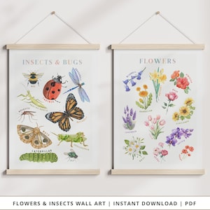 Blumen & Insekten Wall Art Prints | Klassenzimmer Natur Dekor | Druckbar | Käfer und Insekten Lernposter | Sofortdownload | Blumenkunst