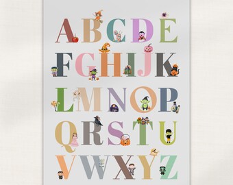 Halloween Alphabet Poster, A-Z Kids Wall Art (PDF), Halloween Kids Room Decor, Classroom ABC Printable Chart