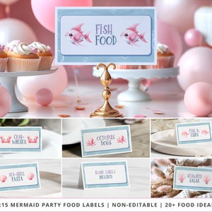 Etiquetas de comida para festa infantil de sereia, não editáveis, cartões de comida para impressão, decoração de aniversário infantil com tema de oceano, download instantâneo, mesa de comida de sereia