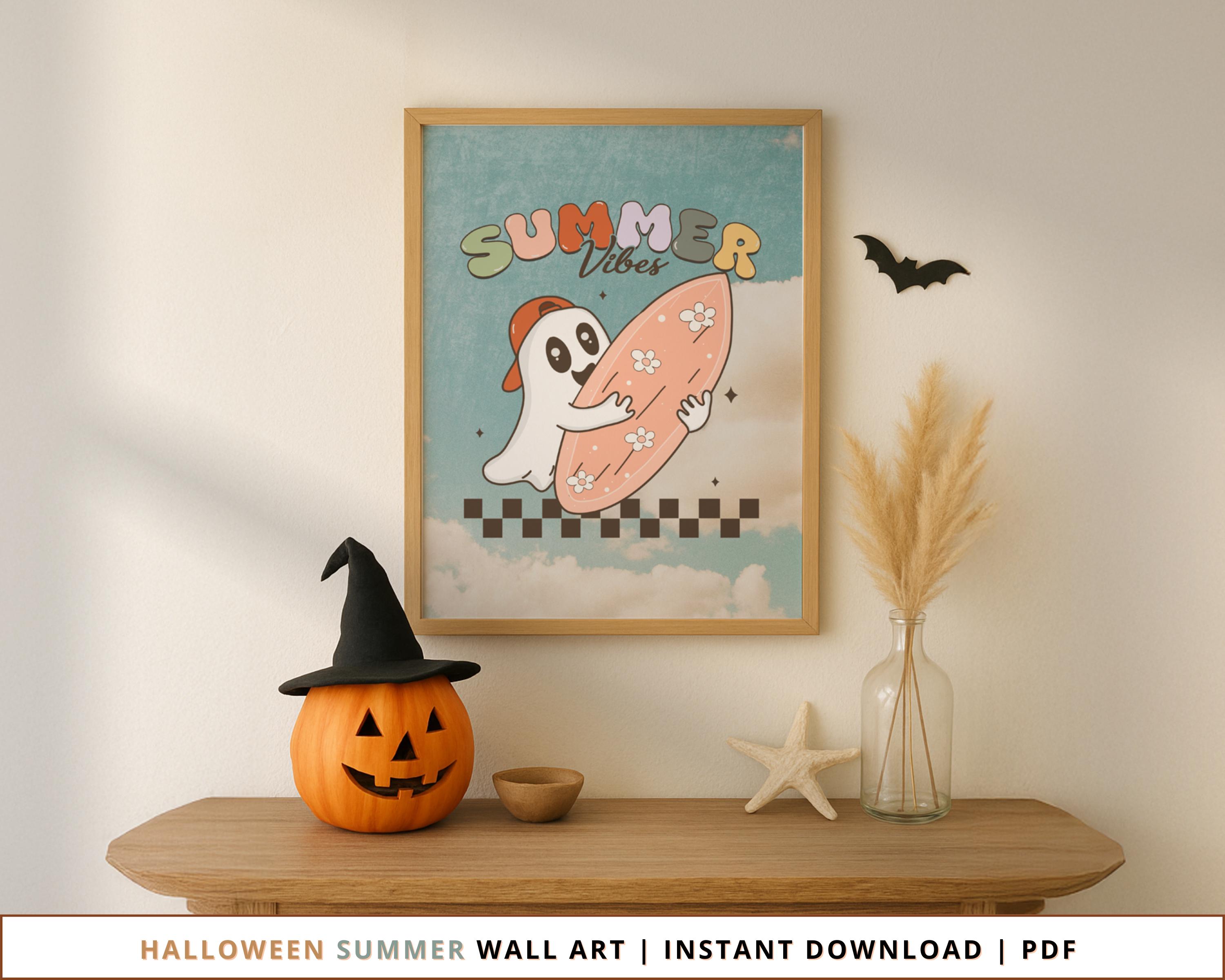 Impression fantôme rétro Summerween, art mural surf Halloween, décoration de plage, affiche d'été d'Halloween, décoration d'Halloween pour enfants, téléchargement immédiat