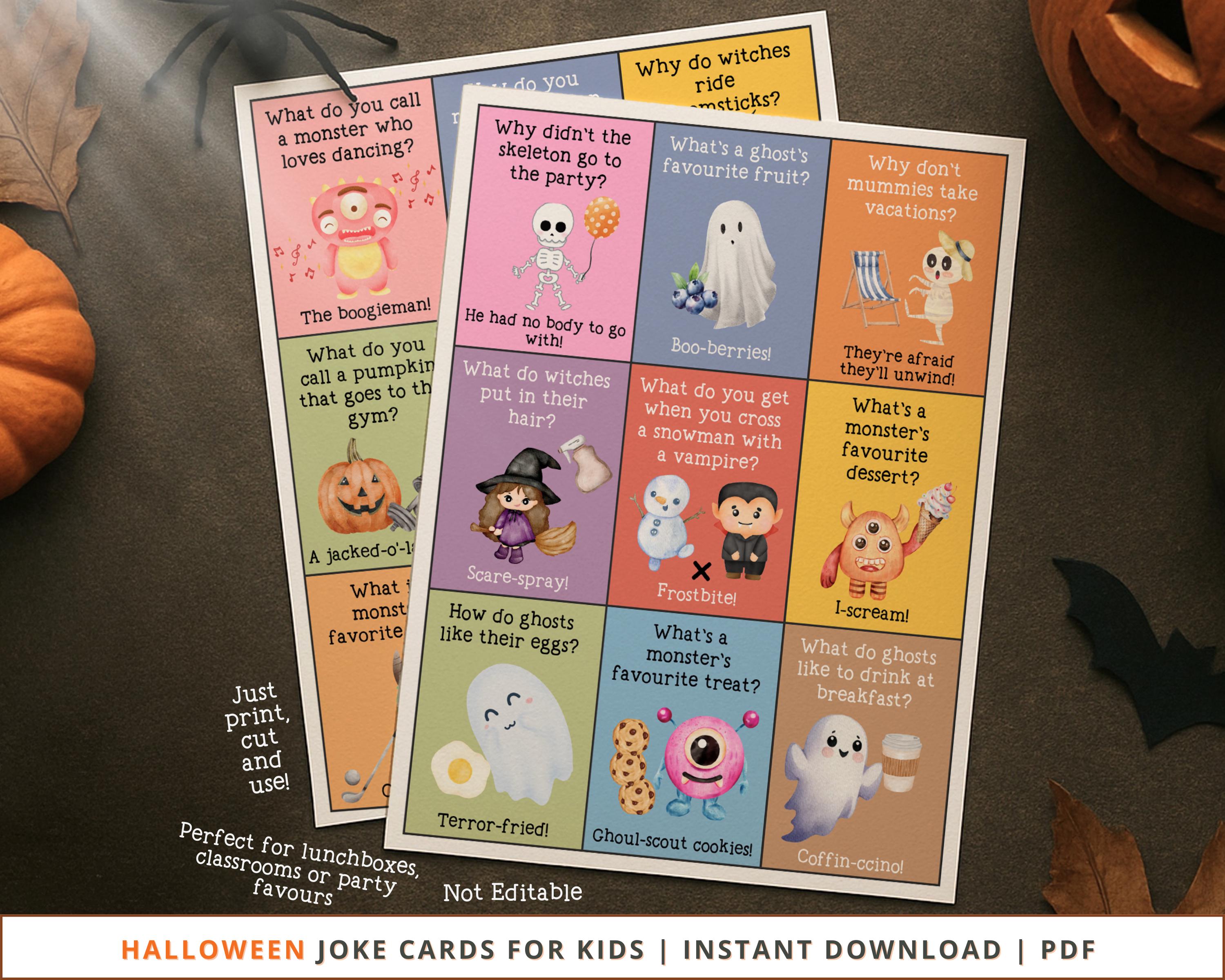 Halloween Joke Cards for Kids, Printable Halloween Lunchbox Notes, Funny Classroom & Party Favors, Instant Download Halloween Gift