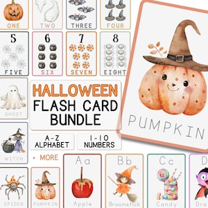 Halloween Karteikarten-Bündel für Kinder | A-Z Alphabet | 1-10 Zahlenkarten | Spaßige lehrreiche gruselige Lernaktivität | Spaß im Klassenzimmer