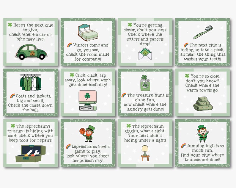 St. Patrick's Day Treasure Hunt, Printable Scavenger Hunt Clues, Kids ...