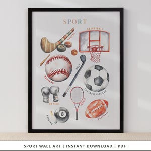 Wydruk na ścianę z motywem sportu | Wystrój sali sportowej | Wydrukowana sztuka dla dzieci | Edukacyjny plakat sportowy | Wydruk sprzętu sportowego | Wystrój pokoju zabaw
