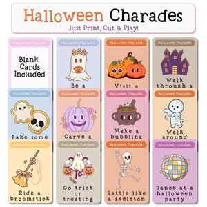Afdrukbare Halloween-charadesgame | Leuke en gemakkelijke Charades-kaarten | Blanco kaarten | Halloween-feestspellen | Direct downloaden | Kinderactiviteiten
