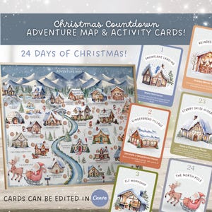 Bewerkbare avonturenkaart met aftellen voor kerst, activiteitenkaarten voor de feestdagen, aanpasbaar, aftellen kerst voor kinderen, alternatief adventskalender