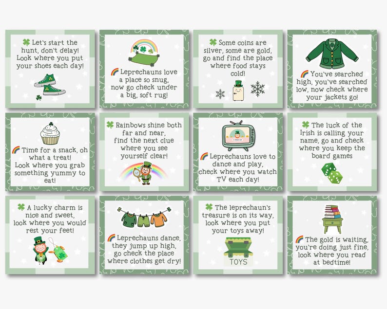 St. Patrick's Day Treasure Hunt, Printable Scavenger Hunt Clues, Kids ...