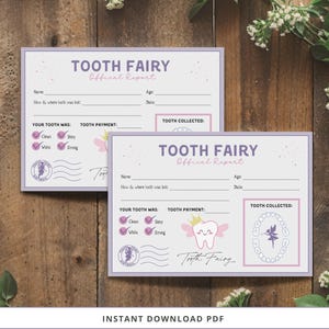 Rapport imprimable de fée des dents, certificat de fée des dents pour les enfants, lettre de fée des dents, téléchargement immédiat, carte de dent perdue pour les enfants, carte bricolage