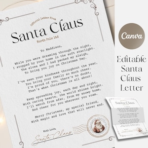 Carta de Papai Noel editável, modelo de carta especial personalizada para crianças, lembrança de Papai Noel personalizável, carta de Natal