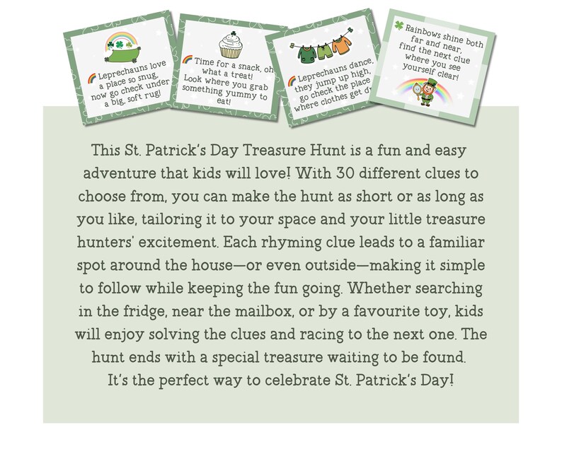 St. Patrick's Day Treasure Hunt, Printable Scavenger Hunt Clues, Kids ...