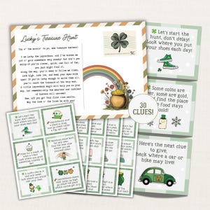 St. Patrick's Day-schattenjacht, afdrukbare speurtochtaanwijzingen, speurtocht voor kinderen, kabouterbrief, pot met goud, raadsels voor kinderen