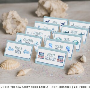 Etiquetas para comidas de festa submarina, não editáveis, etiquetas de criaturas marinhas, decoração de aniversário infantil, cartões de lugar para impressão, cartões de mesa para comida de festa